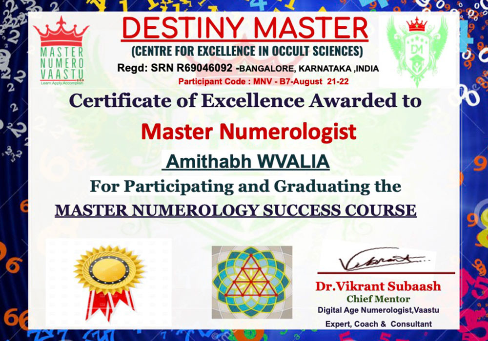 Certificate of exellance awarded to Numerology Master Certified Numerology consultant