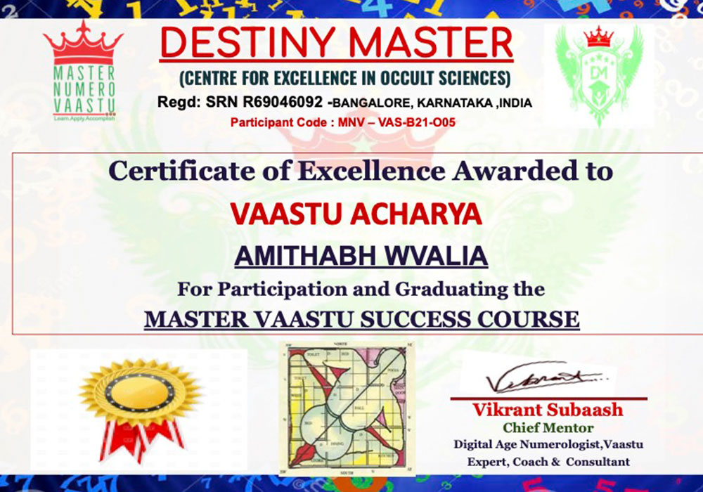 Certificate of excellance awarded to vaasstu acharya Certificate of excellance awarded to vaasstu acharya